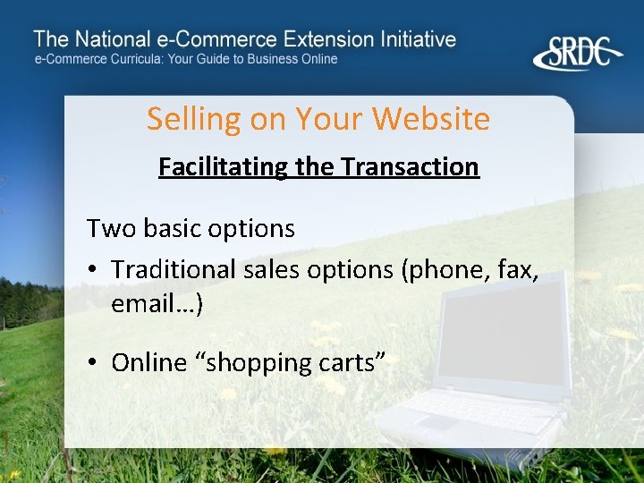 Selling on Your Website Facilitating the Transaction Two basic options • Traditional sales options