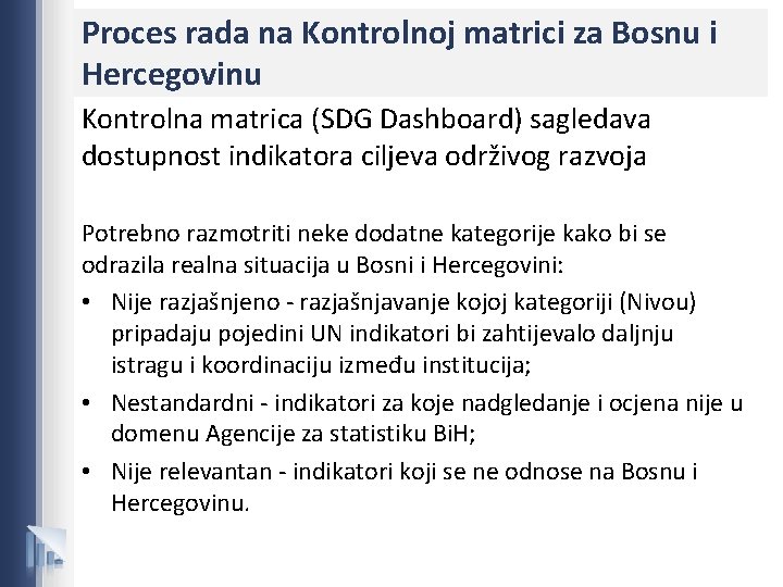 Proces rada na Kontrolnoj matrici za Bosnu i Hercegovinu Kontrolna matrica (SDG Dashboard) sagledava