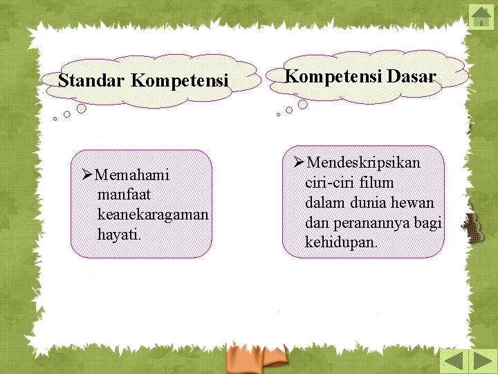 Standar Kompetensi ØMemahami manfaat keanekaragaman hayati. Kompetensi Dasar ØMendeskripsikan ciri-ciri filum dalam dunia hewan