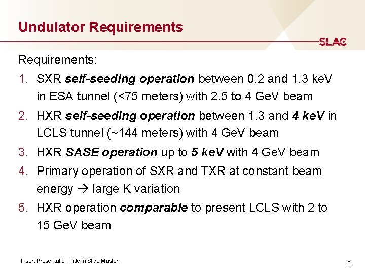 Undulator Requirements: 1. SXR self-seeding operation between 0. 2 and 1. 3 ke. V