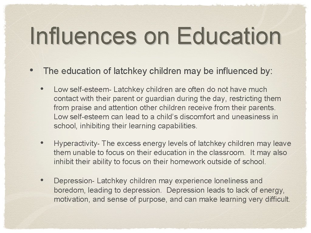 Barriers to Learning Latchkey Children Murriel Grimes Background
