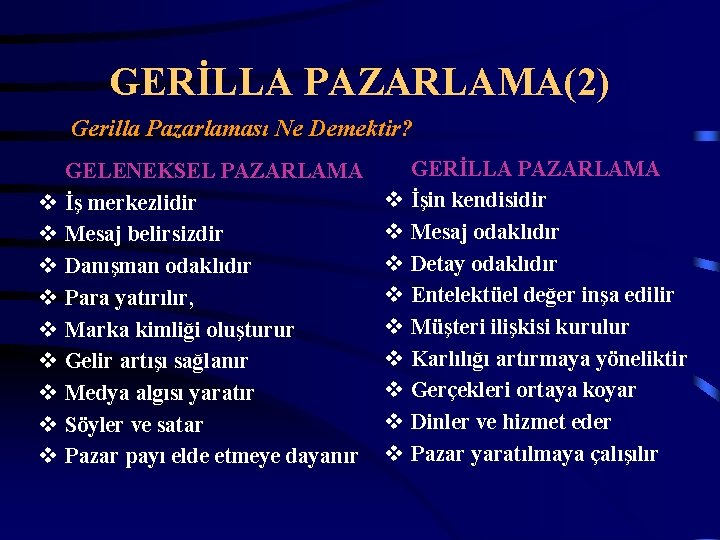 GERİLLA PAZARLAMA(2) Gerilla Pazarlaması Ne Demektir? v v v v v GELENEKSEL PAZARLAMA İş