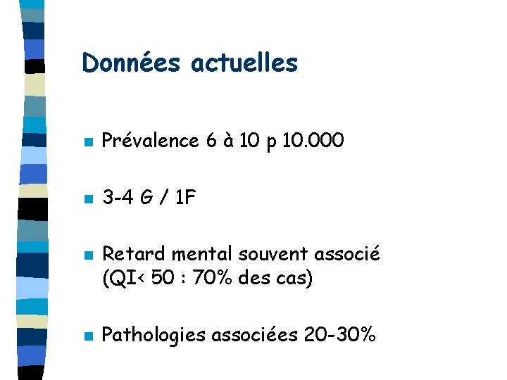 Données actuelles n Prévalence 6 à 10 p 10. 000 n 3 -4 G