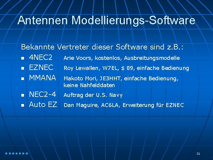 Antennen Modellierungs-Software Bekannte Vertreter dieser Software sind z. B. : n 4 NEC 2