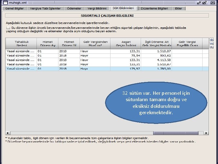 32 sütün var. Her personel için sütunların tamamı doğru ve eksiksiz doldurulması gerekmektedir. 