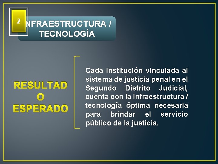 INFRAESTRUCTURA / TECNOLOGÍA RESULTAD O ESPERADO Cada institución vinculada al sistema de justicia penal