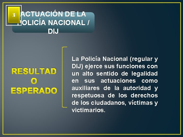 ACTUACIÓN DE LA POLICÍA NACIONAL / DIJ RESULTAD O ESPERADO La Policía Nacional (regular
