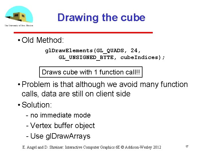 Drawing the cube • Old Method: gl. Draw. Elements(GL_QUADS, 24, GL_UNSIGNED_BYTE, cube. Indices); Draws