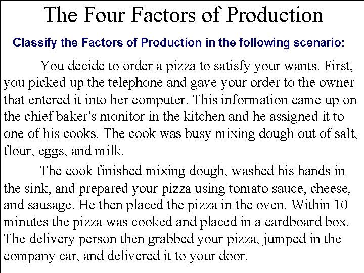 The Four Factors of Production Classify the Factors of Production in the following scenario: