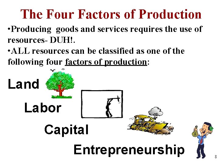 The Four Factors of Production • Producing goods and services requires the use of