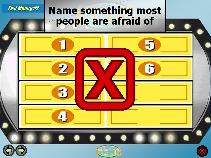 Fast Money #2 Name something most people are afraid of Spiders 40 The Dark