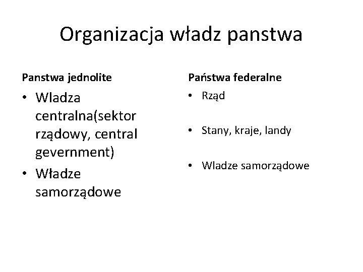 Organizacja władz panstwa Panstwa jednolite Państwa federalne • Wladza centralna(sektor rządowy, central gevernment) •