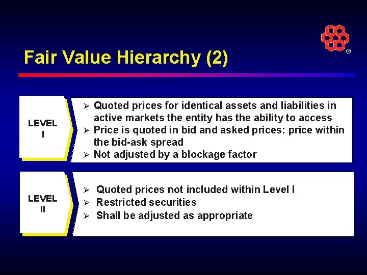 Fair Value Hierarchy (2) ® Ø Quoted prices for identical assets and liabilities in