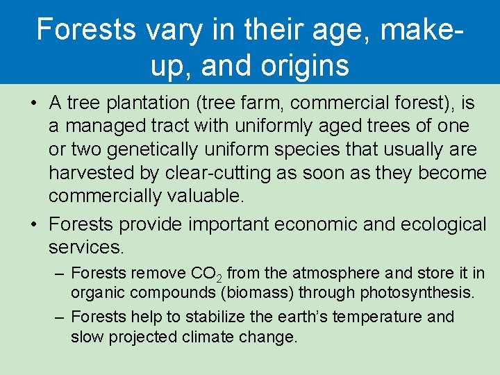 Forests vary in their age, makeup, and origins • A tree plantation (tree farm,