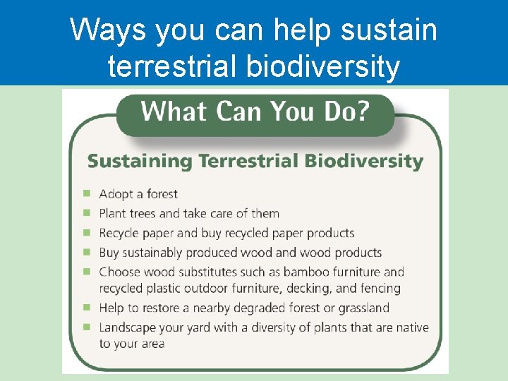 Ways you can help sustain terrestrial biodiversity 