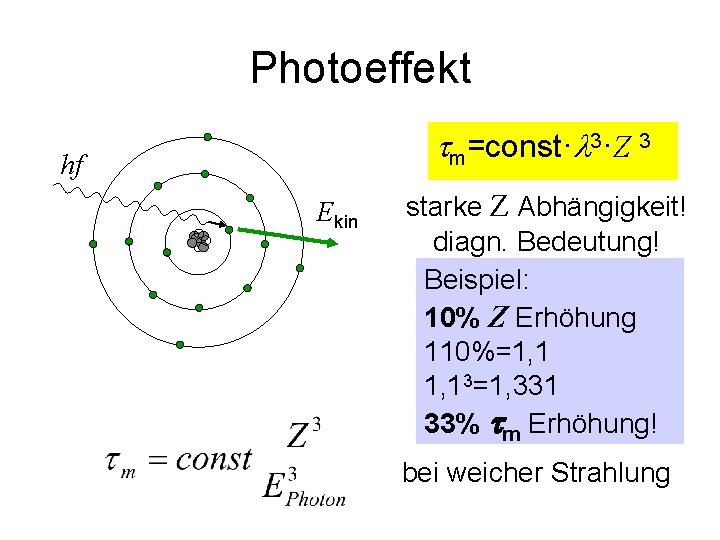 Photoeffekt tm=const·l 3·Z 3 hf Ekin starke Z Abhängigkeit! diagn. Bedeutung! Beispiel: 10% Z