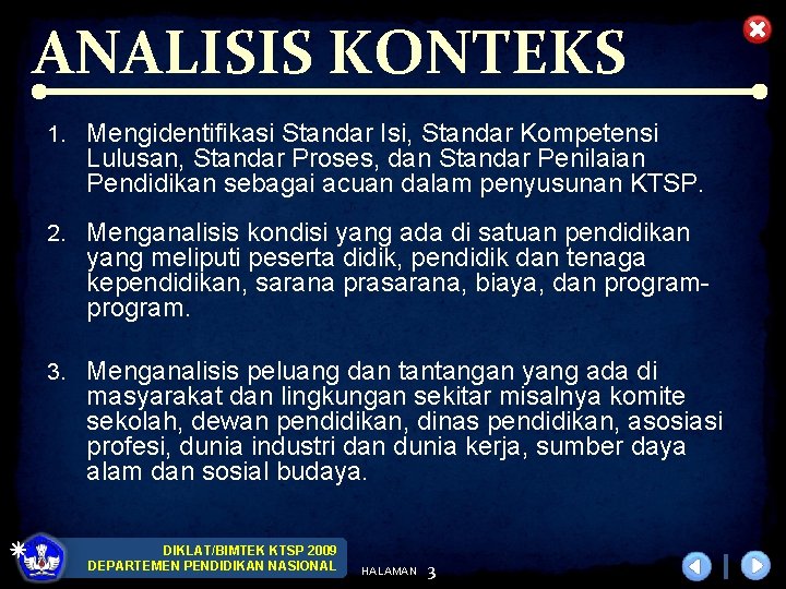 ANALISIS KONTEKS 1. Mengidentifikasi Standar Isi, Standar Kompetensi Lulusan, Standar Proses, dan Standar Penilaian