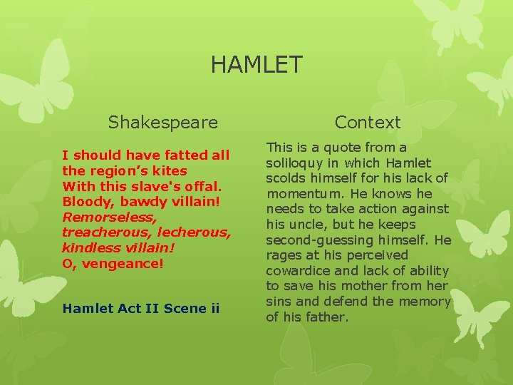 HAMLET Shakespeare I should have fatted all the region’s kites With this slave's offal.