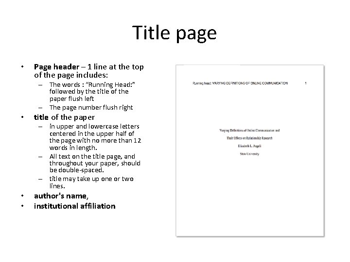 Title page • Page header – 1 line at the top of the page