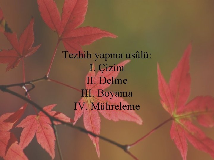 Tezhib yapma usûlü: I. Çizim II. Delme III. Boyama IV. Mühreleme 