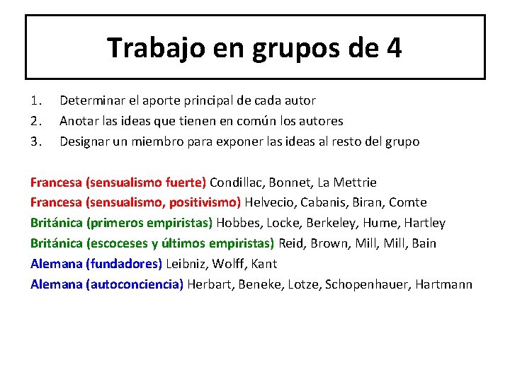 Trabajo en grupos de 4 1. 2. 3. Determinar el aporte principal de cada