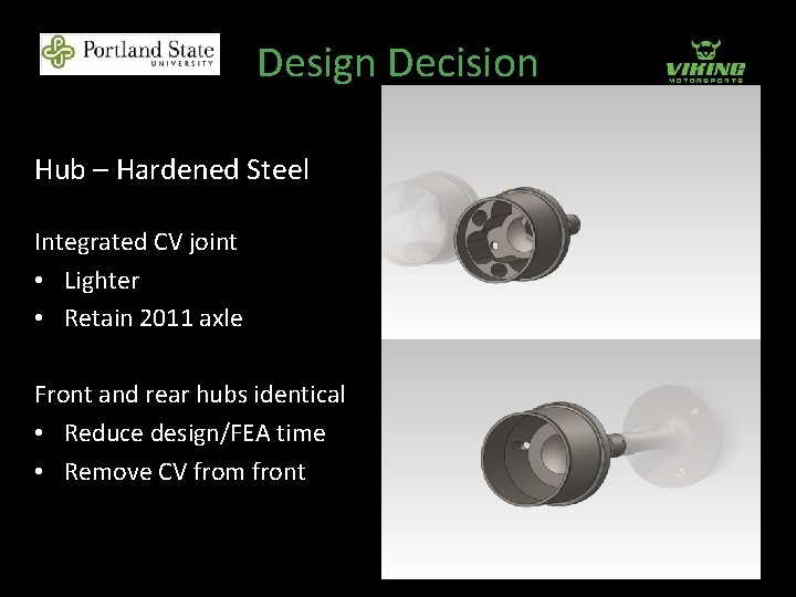 Design Decision Hub – Hardened Steel Integrated CV joint • Lighter • Retain 2011