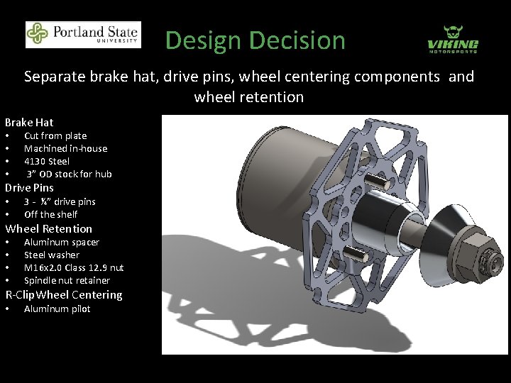 Design Decision Separate brake hat, drive pins, wheel centering components and wheel retention Brake