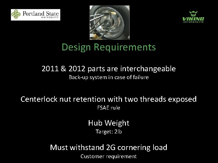 Design Requirements 2011 & 2012 parts are interchangeable Back-up system in case of failure