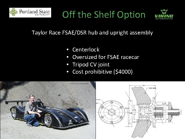 Off the Shelf Option Taylor Race FSAE/DSR hub and upright assembly • • Centerlock