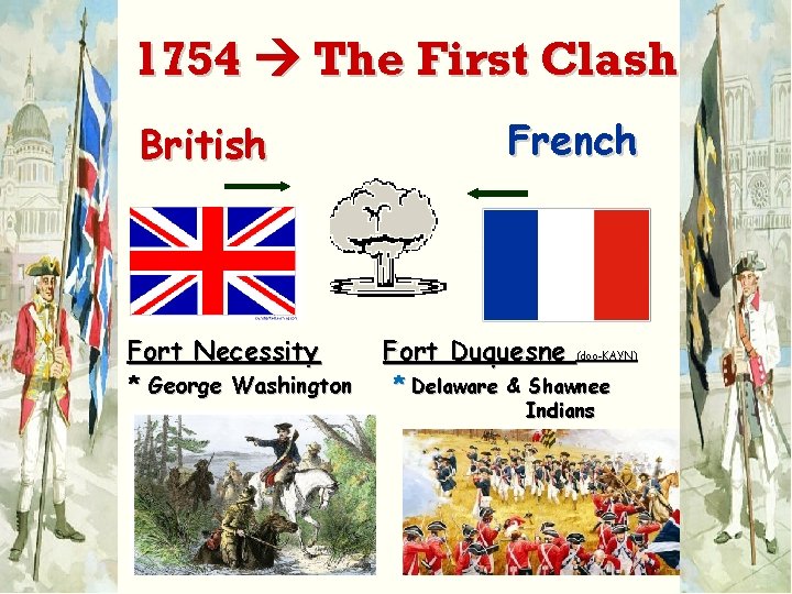 1754 The First Clash British Fort Necessity * George Washington French Fort Duquesne (doo-KAYN)