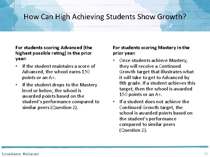 How Can High Achieving Students Show Growth? For students scoring Advanced (the highest possible
