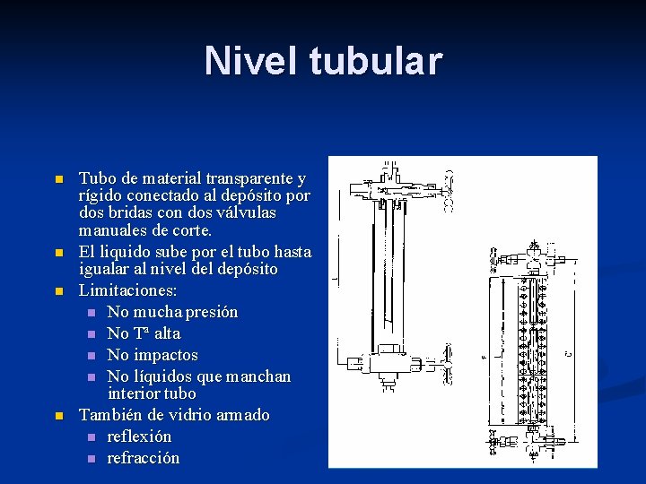 Nivel tubular n n Tubo de material transparente y rígido conectado al depósito por