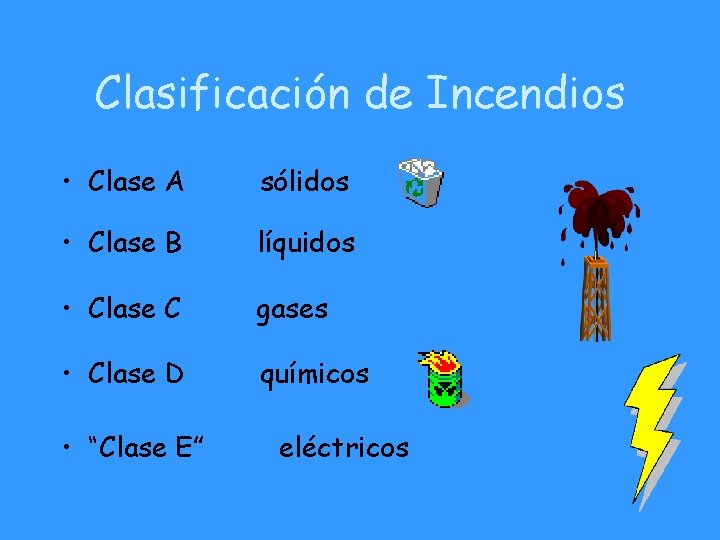 Clasificación de Incendios • Clase A sólidos • Clase B líquidos • Clase C