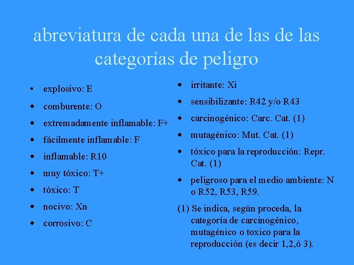 abreviatura de cada una de las categorías de peligro • explosivo: E · irritante: