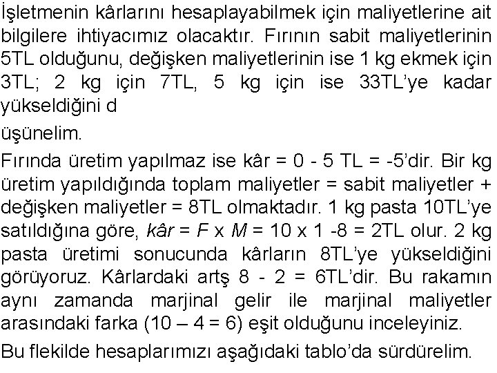 İşletmenin kârlarını hesaplayabilmek için maliyetlerine ait bilgilere ihtiyacımız olacaktır. Fırının sabit maliyetlerinin 5 TL