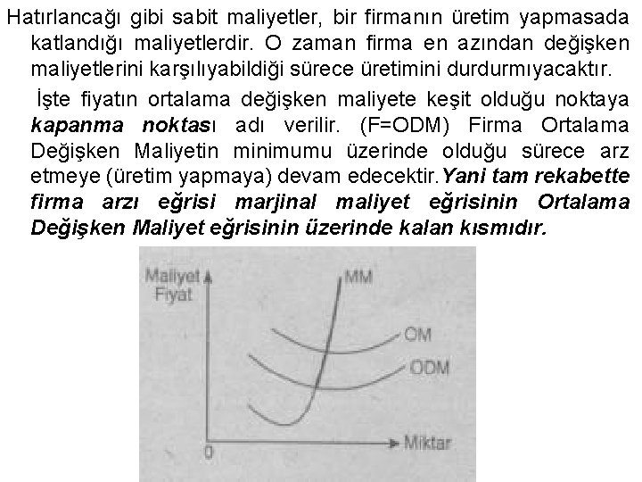 Hatırlancağı gibi sabit maliyetler, bir firmanın üretim yapmasada katlandığı maliyetlerdir. O zaman firma en