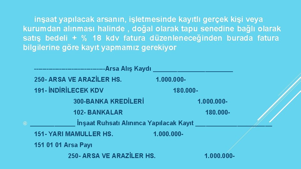 inşaat yapılacak arsanın, işletmesinde kayıtlı gerçek kişi veya kurumdan alınması halinde , doğal olarak