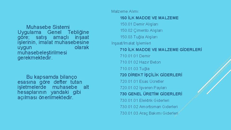 Malzeme Alımı: 150 İLK MADDE VE MALZEME Muhasebe Sistemi Uygulama Genel Tebliğine göre; satış