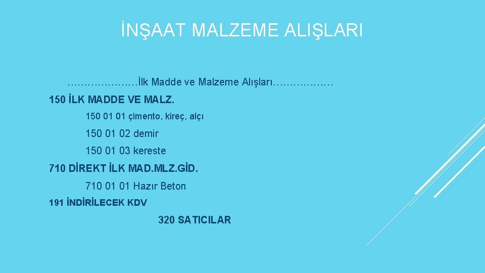 İNŞAAT MALZEME ALIŞLARI …………………İlk Madde ve Malzeme Alışları……………… 150 İLK MADDE VE MALZ. 150
