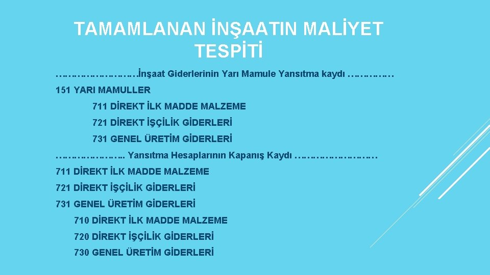 TAMAMLANAN İNŞAATIN MALİYET TESPİTİ ……………İnşaat Giderlerinin Yarı Mamule Yansıtma kaydı …………… 151 YARI MAMULLER