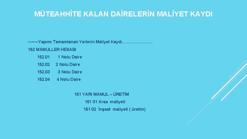 MÜTEAHHİTE KALAN DAİRELERİN MALİYET KAYDI ------Yapımı Tamamlanan Yerlerin Maliyet Kaydı……. . …………… 152 MAMULLER