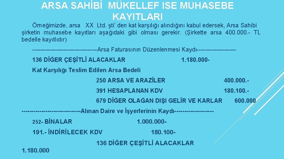 ARSA SAHİBİ MÜKELLEF ISE MUHASEBE KAYITLARI Örneğimizde, arsa XX Ltd. şti’ den kat karşılığı