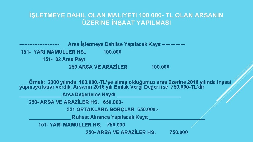 İŞLETMEYE DAHIL OLAN MALIYETI 100. 000 - TL OLAN ARSANIN ÜZERINE İNŞAAT YAPILMASI ------------