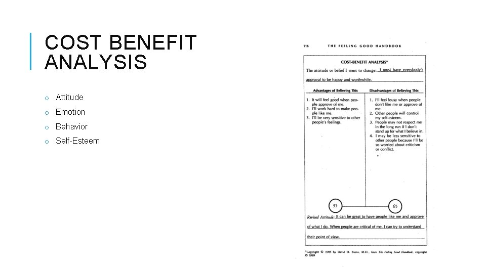 COST BENEFIT ANALYSIS o Attitude o Emotion o Behavior o Self-Esteem 