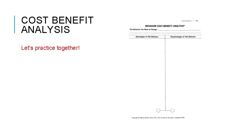 COST BENEFIT ANALYSIS Let’s practice together! 