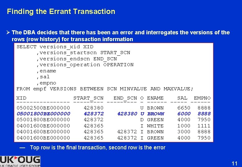 Finding the Errant Transaction Ø The DBA decides that there has been an error Finding the Errant Transaction Ø The DBA decides that there has been an error