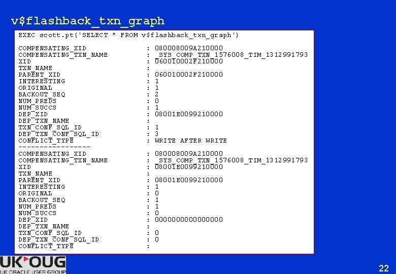 v$flashback_txn_graph EXEC scott. pt('SELECT * FROM v$flashback_txn_graph') COMPENSATING_XID COMPENSATING_TXN_NAME XID TXN_NAME PARENT_XID INTERESTING ORIGINAL v$flashback_txn_graph EXEC scott. pt('SELECT * FROM v$flashback_txn_graph') COMPENSATING_XID COMPENSATING_TXN_NAME XID TXN_NAME PARENT_XID INTERESTING ORIGINAL