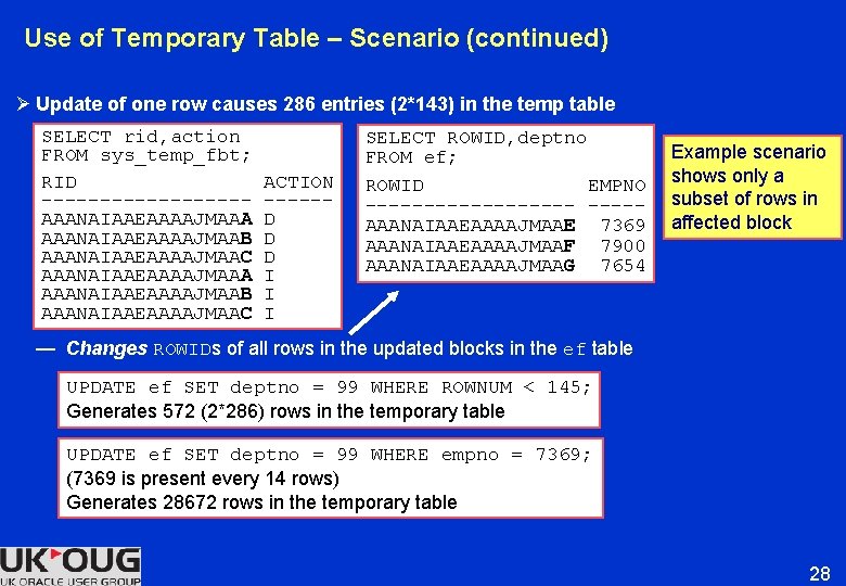 Use of Temporary Table – Scenario (continued) Ø Update of one row causes 286 Use of Temporary Table – Scenario (continued) Ø Update of one row causes 286