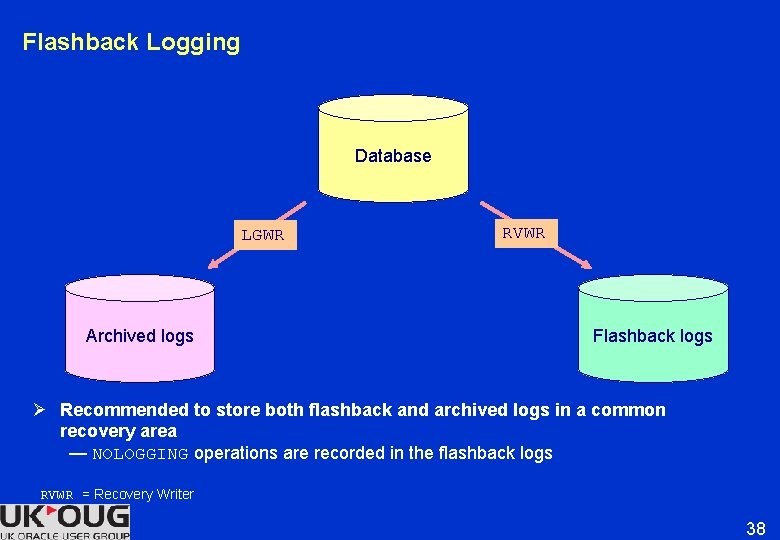 Flashback Logging Database LGWR Archived logs RVWR Flashback logs Ø Recommended to store both Flashback Logging Database LGWR Archived logs RVWR Flashback logs Ø Recommended to store both