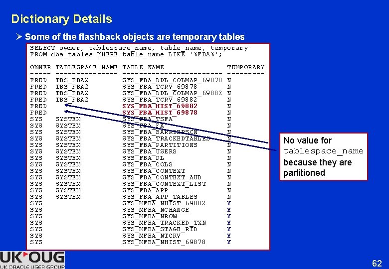 Dictionary Details Ø Some of the flashback objects are temporary tables SELECT owner, tablespace_name, Dictionary Details Ø Some of the flashback objects are temporary tables SELECT owner, tablespace_name,